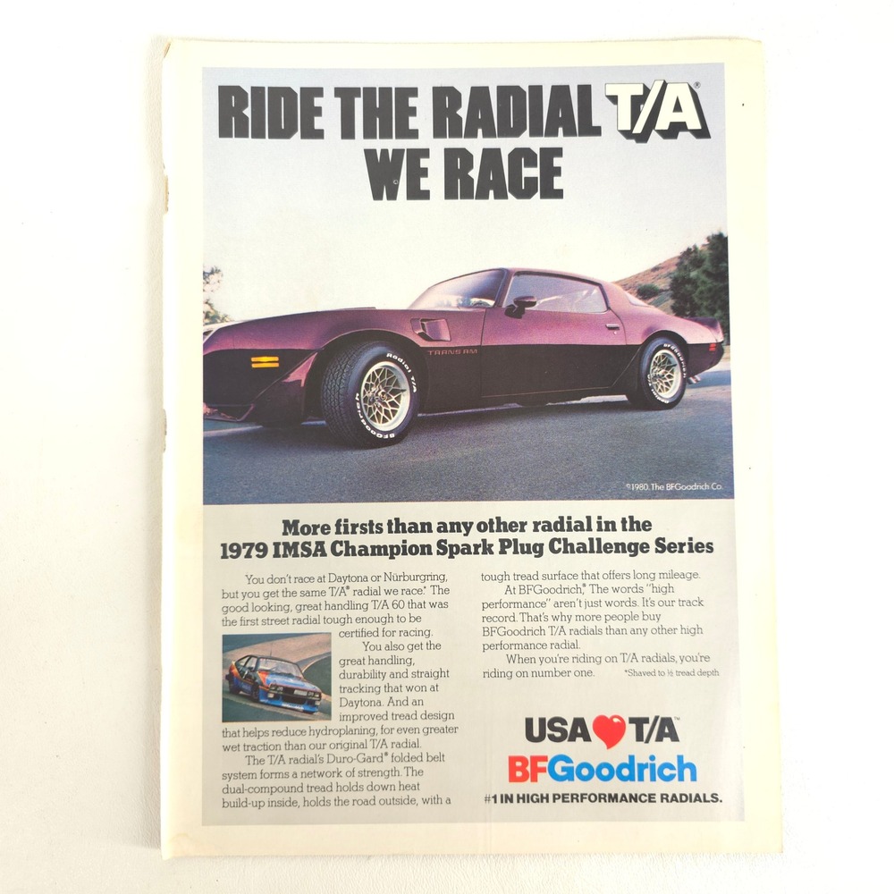 1980 Pontiac Firebird Trans Am BFGoodrich T/A Print Ad Vintage Muscle Car Promo